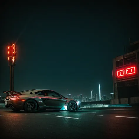 "cover of the track drift phonk depicting a fast sports car drifting around a bend. the background is a futuristic city at night...