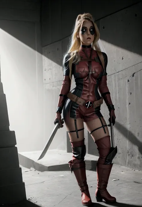 beautiful and sensual lady deadpool in red and black gothic warrior. lady deadpool, black shirt with striped sleeves, denim jack...