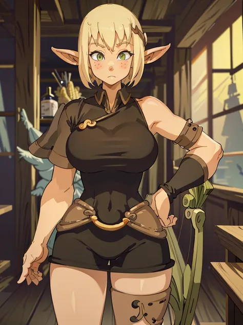 blond short hair ,(best quality), (ultra detailed),(disheveled hair),(illustration), (1girl), (Fashionable clothing), standing, Fashion model, masterpiece, best quality, bow, elf girl, strong abs,enormous massive gigantic big large fat absurde breasts, eno...