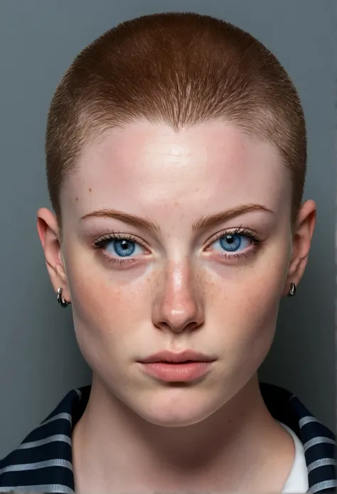 Muscular college girl with large breast and a large butt, blue eyes, pale skin, freckles and a nose piercing with a buzz cut wearing a prison uniform posing for a mugshot 