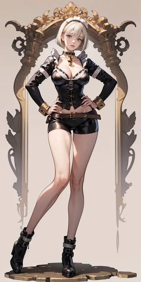 (Masterpiece, plain background:1.2) white short bob hair and skin, purple eyes, thin legs, thin body, leather corset and leather collar choker with golden neck bell, shackles wristbands bracers bracelets sleeves, bikini maid outfit, 1MILFWOMAN BIMBO full b...