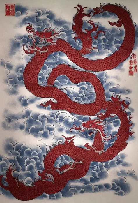 traditional japanese tattoo, big dragon, japanese dragon, red dragon