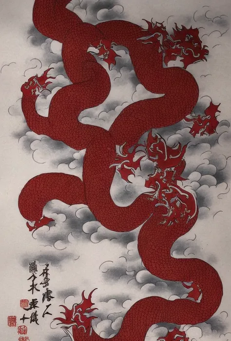 traditional japanese tattoo, big dragon, japanese dragon, red dragon