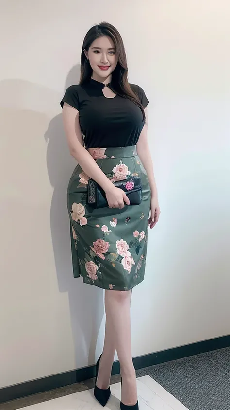 Height 1.85 meters，Smiling fat woman ，Oval face，Long braids， wear glasses，大Long legs， Wearing a loose green floral shirt and skirt，  Thin waist and thick hips, Hip width， Soft curves, hyperPractical full figure, Wearing a cute top, Long legs,,thickness, Be...