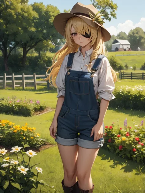 fischl from genshin impact game, 1woman, as a farm woman, wearing farm outfit with overalls and hat, at a farm, blonde hair styl...