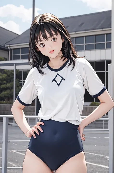 masterpiece, best quality, highres,Young and very cute17-year-old girl,Sexy pose,Unusually beautiful and large eyes,Thick eyelashes,Thick eyebrows,A well-balanced and toned body,yoshizuki_iori, buruma,gym uniform, standing, cowboy shot, outdoors,