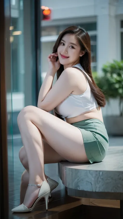 Height 1.85 meters，Smiling fat woman ，Oval face，Long braids， wear glasses，大Long legs， Wearing a loose green floral shirt and skirt，  Thin waist and thick hips, Hip width， Soft curves, hyperPractical full figure, Wearing a cute top, Long legs,,thickness, Be...