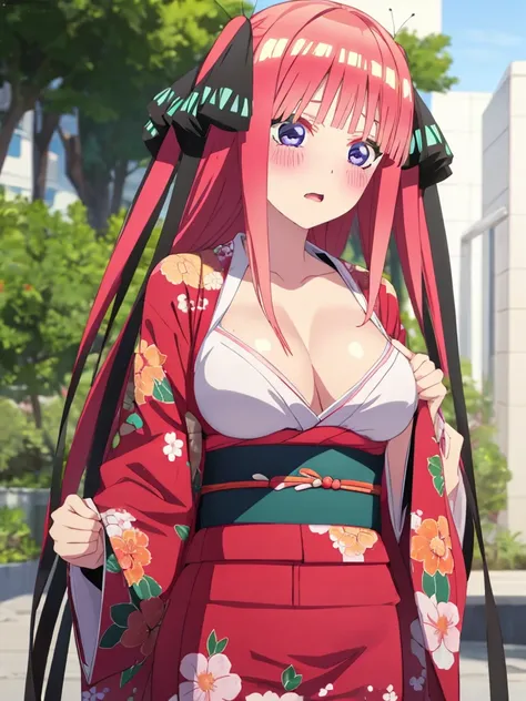 best quality, insanely detailed, nino nakano, kimono, breasts, blush, outdoor background