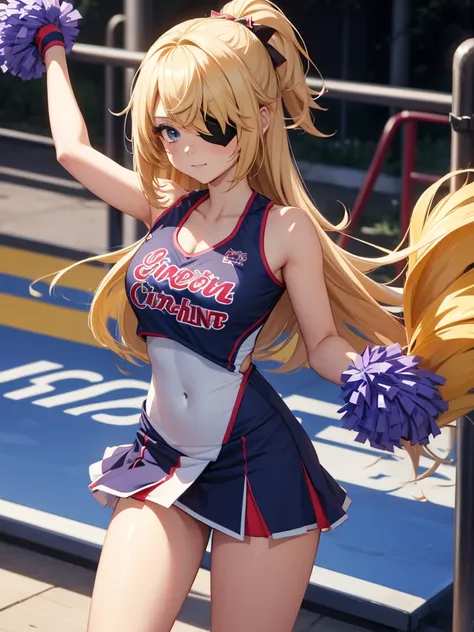 fischl from genshin impact game, 1girl, as a cheerleader, wearing a cheerleader outfit, at a playground, blonde hair, one eye pa...