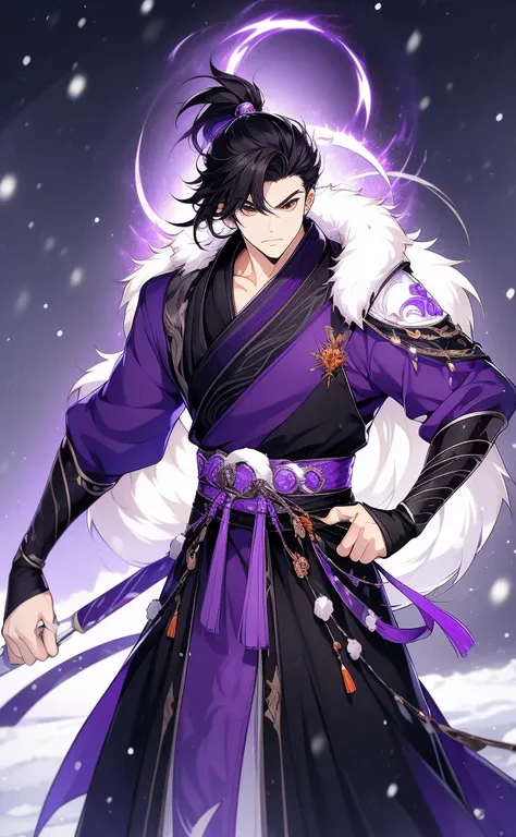 the only person，libido boy，disheveled black hair , orange eyes , purple martial arts uniform , fighting posture，purple aura，ligh...