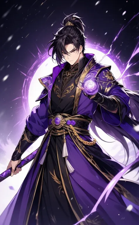 the only person, libido boy, messy long black hair, golden eyes, purple martial arts uniform, fighting posture, purple aura, lig...