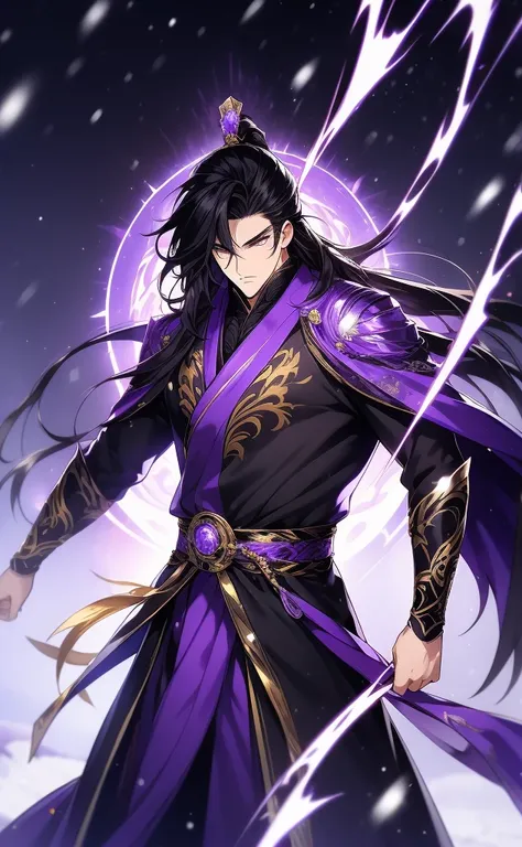 the only person, libido boy, long black hair, golden eyes, purple martial arts uniform, fighting posture, purple aura, lightning...