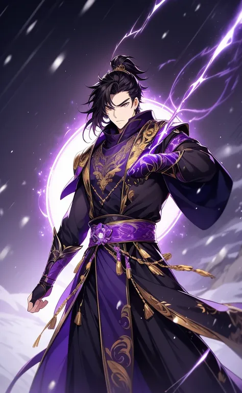 the only person, libido boy, long black hair, golden eyes, purple martial arts uniform, fighting posture, purple aura, lightning...