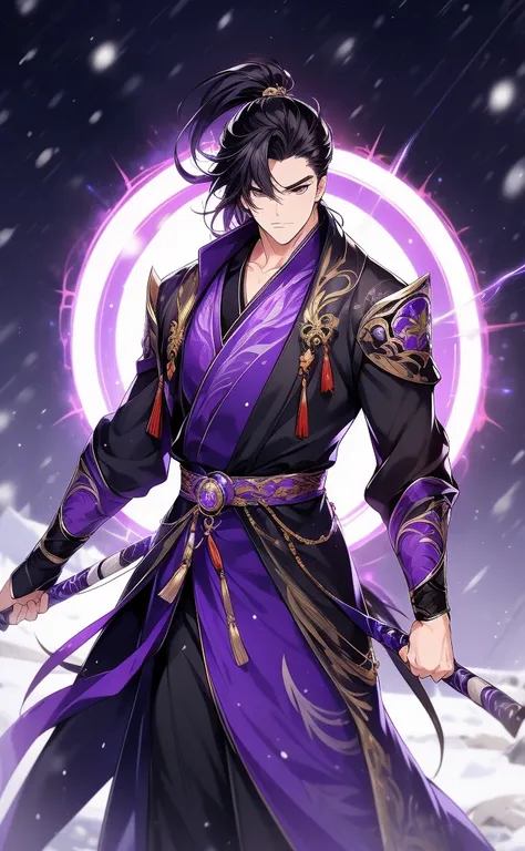 the only person, libido boy, long black hair, golden eyes, purple martial arts uniform, fighting posture, purple aura, lightning...