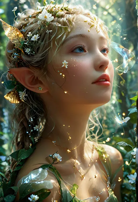 realistic fairy forest, tinkerbell made of gold and white transparent light_delicate features, translucent foot-raising body, a ...