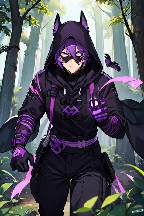 man, black and purple ninja, purple hair, black face mask, In a forest, black hood 