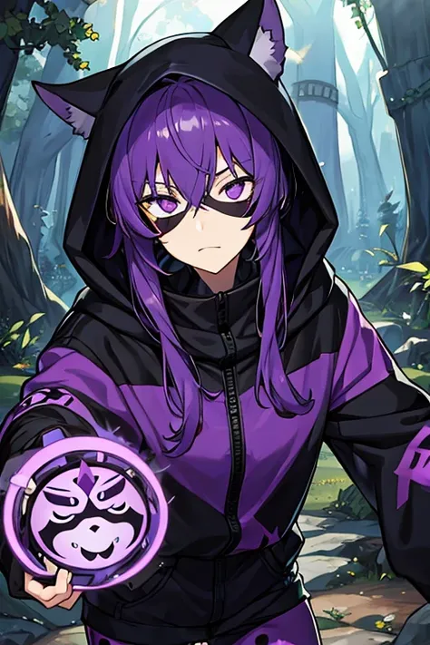 man, black and purple ninja, purple hair, black face mask, In a forest, black hood 