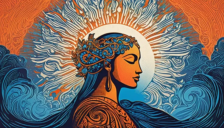 Create a woodcut style image digital art surreal art that depicts a mystical figure with divine characteristics, the figure is one chosen by the gods of spirituality, Use a vibrant color palette, including blue, oranges and whites, to create heavenly contr...