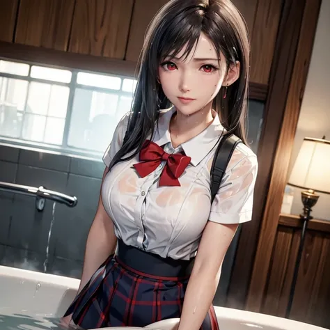 (masterpiece, best quality:1.2), in the bath , wet clothes, soaked, wet hair, wet skin, translucent, glistening with oil , dishevelled , solo, 1girl, school girl uniform , steam , plaid skirt , pleated skirt , The shirt is tight. , white shirt , school gir...