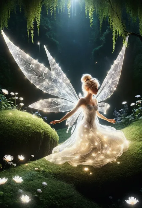 realistic fairy forest, tinkerbell made of gold and white transparent light_delicate features, translucent foot-raising body, a ...