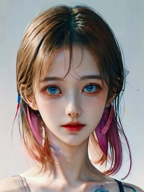 (8ก, best quality, Masterpiece:1.2),(best quality:1.0), (very high:1.0), watercolor, beautiful young woman, shoulder, hair ribbon, By Agnes Cecile, Half-body picture, Ultra bright design, pastel colors, (ink:1.3), autumn lights,