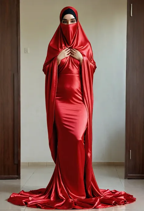 a sexy a woman covered in large red satin cloth, tied tightly with the satin cloth, mummified, the satin hanging down very long, a mermaid style dress, wearing a satin hijab, the satin cloth is very long, forming the curve of the body, flowy satin about 4 ...