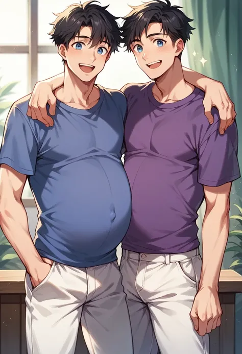 pregnant funny boy with short black hair, blue eyes, purple shirt, white pants, happy