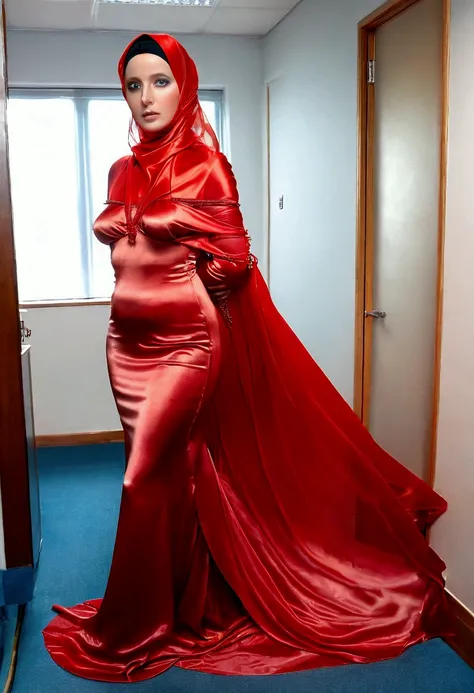 a secretary in the translucent silk red gown, tight full body tied, satin sheet, nipple on with nipple piercing, wearing translucent veils, face cover with veil, satin hijab, long satin, mermaid tight long skirt, flowy dramatic long gown, tall women, walk ...