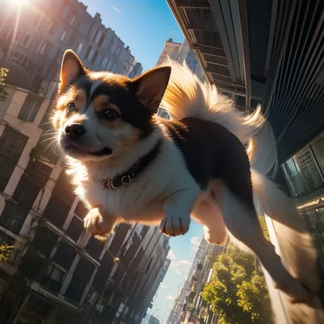 beautifull puppy in the air jumping on the roof of one building to another, with ears raised, in the background an urban archite...