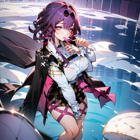 girl, purple hair, penguin hairpin, short hair, white school shirt, short skirt, high socks, sucking on a lollipop, glittering galaxy-colored eyes, calm water scene