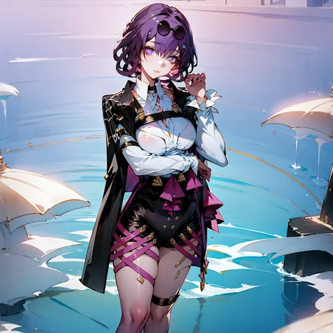 girl, purple hair, penguin hairpin, short hair, white school shirt, short skirt, high socks, sucking on a lollipop, glittering galaxy-colored eyes, calm water scene