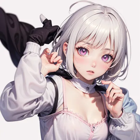 score_9, score_8_up, score_7_up,source_anime, high res image,masterpiece,best quality,girl,cute face,clear skin,shiny hair,ultra detailed eyes,simple background, jyojipan, panties, white hair, short hair, pink eyes,