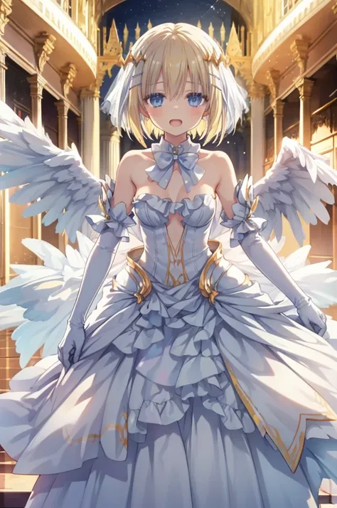 wht1,Absolute area,Open mouth smile,Beautiful background,best quality,masterpiece，Angel Girl, young，12 years old，Blonde with wings, Heart neckline，Holding a bow and arrow