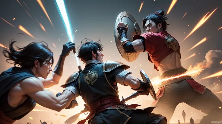 : "The opponent, a member of a rival clan, raises his shield just in time to block the sword strike. The force of the impact causes the opponent to stagger back slightly."