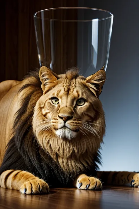 A cat sees itself as a lion in a glass