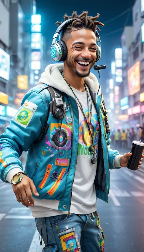 Adult BRAZILIAN man dressed in urban clothes, on a white background, he is a disc jockey and is PLAYING and DANCING his music and holographic signs, HAPPY on the road. are drinking and laughing, The uniform WHITE background and cyberpunk, high tech vibe. a...