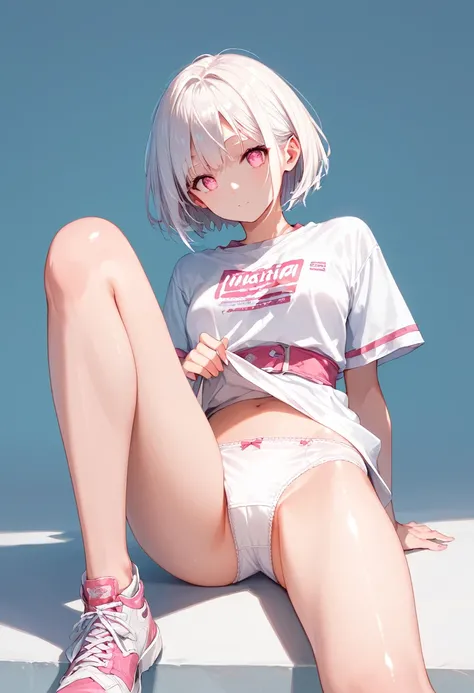 score_9, score_8_up, score_7_up,source_anime, high res image,masterpiece,best quality,girl,cute face,clear skin,shiny hair,ultra detailed eyes,simple background, jyojipan, panties, white hair, short hair, pink eyes,