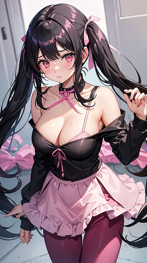 One girl, Black Hair, Twin tails, Very long hair, Bangs, Large Breasts, Blushing, Pink eyes, Slanted Eyes, Shy, I want to cry, Frowning, Pink ribbon, Young,Pink Pants