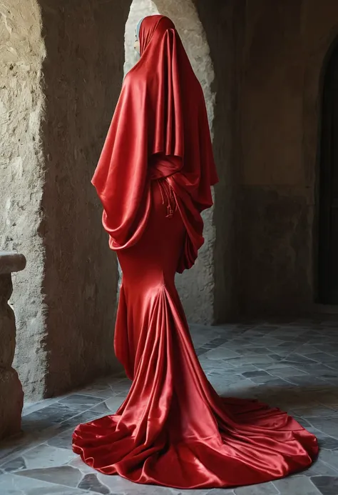 a sexy a woman covered in large red satin cloth, tied tightly with the satin cloth, mummified, the satin hanging down very long,...