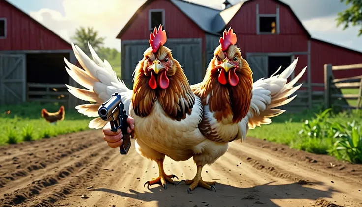 An angry hen with a pistol in its hand is coming towards the camera, it is on a farm, surrounded, Realistic, Full HD, Best Quality