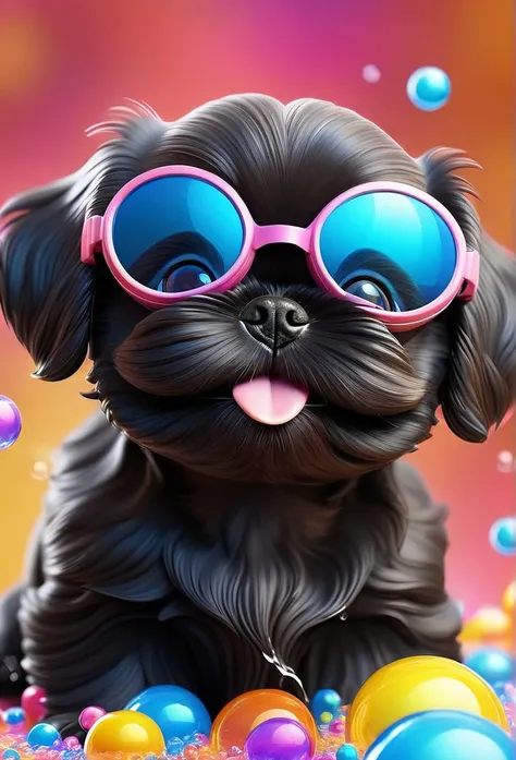 a tiny solid black shih tzu puppy, big bright blue eyes, wearing goggles and collars, covered in shampoo bubbles, happy, playful...