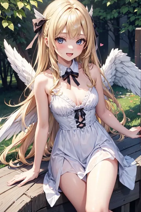 wht1,Absolute area,Open mouth smile,Beautiful background,best quality,masterpiece，Angel Girl, young，12 years old，Blonde with wings, Heart neckline，Holding a bow and arrow
