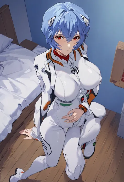 One girl, whole body, Ayanami Rei, alone, Red eyes, short hair, white plugsuit, Big Tits, pregnancy, Hair between the eyes, View your viewers, Blue Hair, rut, Mouth closed, bangs, From above, bedroom, medium quality,  (Perfect hands, Perfect Anatomy),