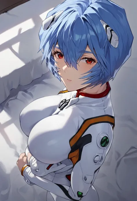 One girl, whole body, Ayanami Rei, alone, Red eyes, short hair, white plugsuit, Big Tits, pregnancy, Hair between the eyes, View your viewers, Blue Hair, rut, Mouth closed, bangs, From above, bedroom, medium quality,  (Perfect hands, Perfect Anatomy),