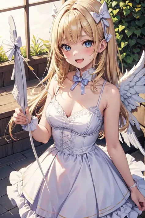 wht1,Absolute area,Open mouth smile,Beautiful background,best quality,masterpiece，Angel Girl, young，12 years old，Blonde with wings, Hart neckline，Holding a bow and arrow
