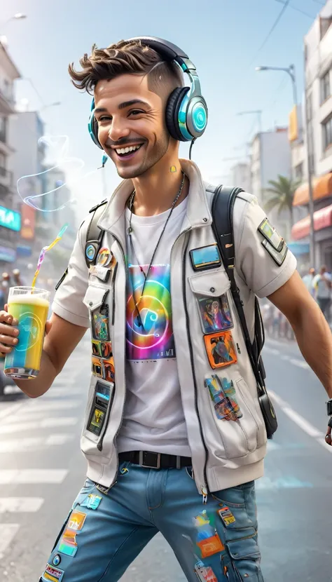 BRAZILIAN brunette man SHORT HAIR adult dressed in urban clothes, on a white background, ele é disc jockey, modern sophisticated equipment and is PLAYING and DANCING your music and holographic signs, HAPPY on the road. are drinking and laughing, The unifor...