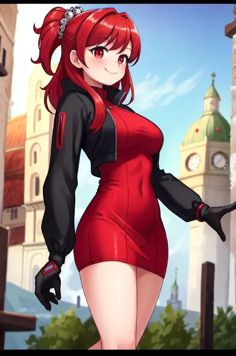 ((masterpiece,Best Quality)),8K Wallpaper,1 girl, big breasts, big ass, by the wide, Red hair, Alone, mini vestido tight, tight, Red eyes, looking at the viewer, long sleeves, standing, building, transparent dress, gloves, hair ornament, black jacket, smil...