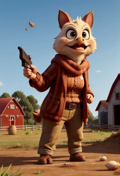 An angry hen with a pistol in its hand is coming towards the camera, it is on a farm, surrounded, Full HD, Best Quality