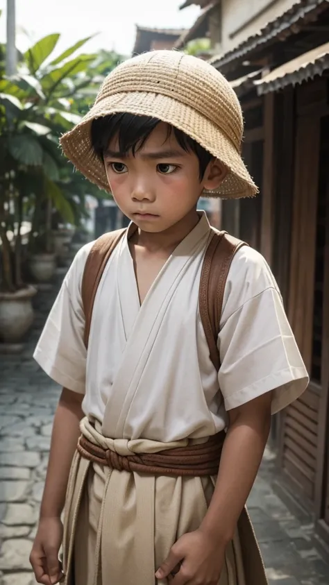  boy is dressed in simple traditional Bugis clothing, with muted colors and no accessories. looking pensive and sad , colosal place background