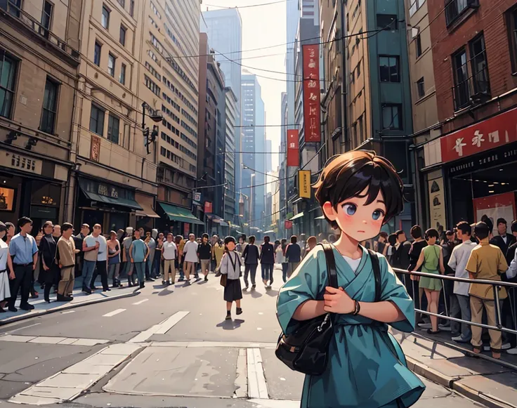 "A simple villager(boy)  arrives in a bustling city, looking around in awe."